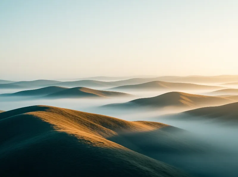 Undulating grassy mounds rise above layers of white fog while warm sunlight illuminates the ridges against gradient sky.