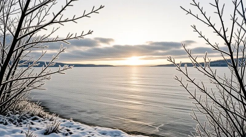 Frost covered tree branches frame a wide frozen lake reflecting the warm light of a low winter sun over distant hills.