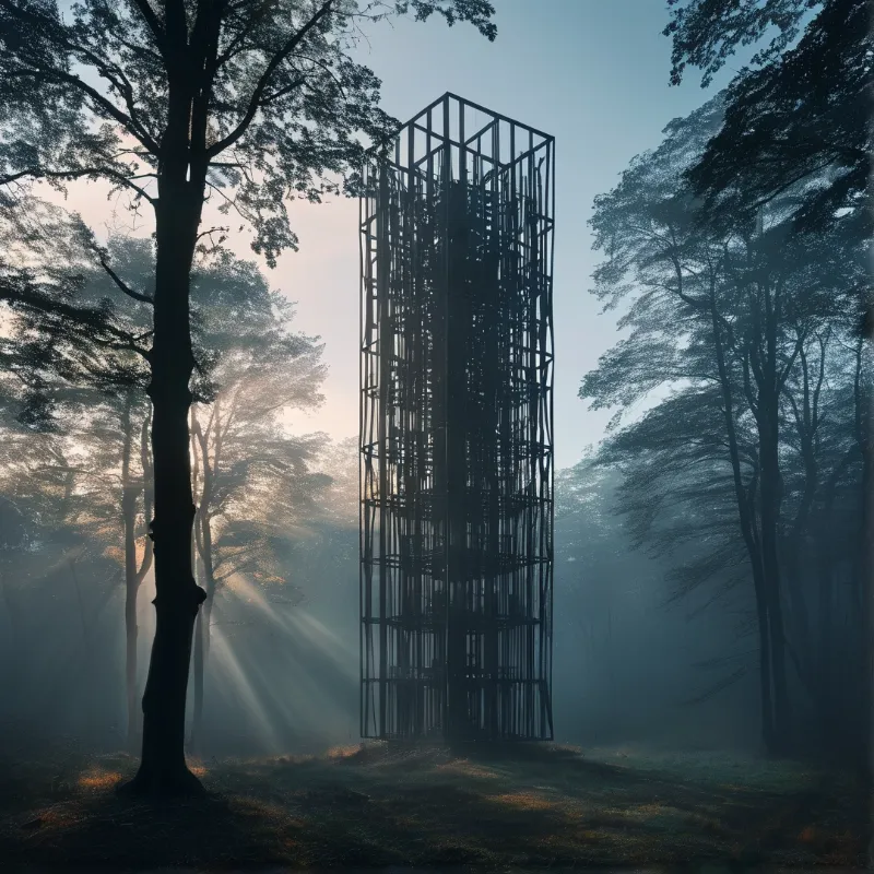 Tall Cage in Misty Forest