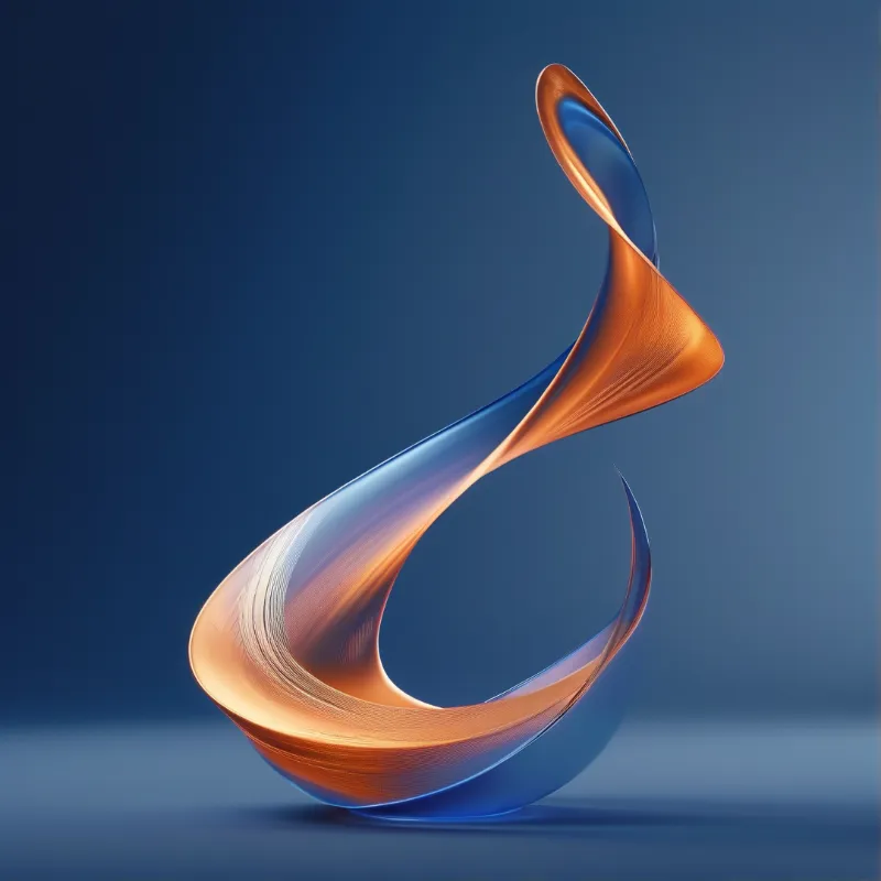 A smooth abstract shape twists upwards blending copper tones with cool blue hues against a solid backdrop.