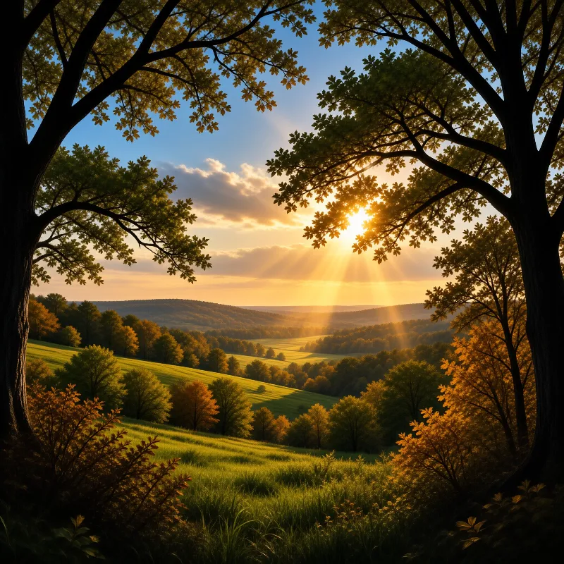 Dark tree limbs frame a view of green valleys illuminated by bright sun rays breaking through clouds