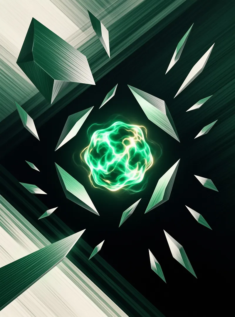 A glowing green energy sphere is surrounded by floating geometric shards against a dark radial background.