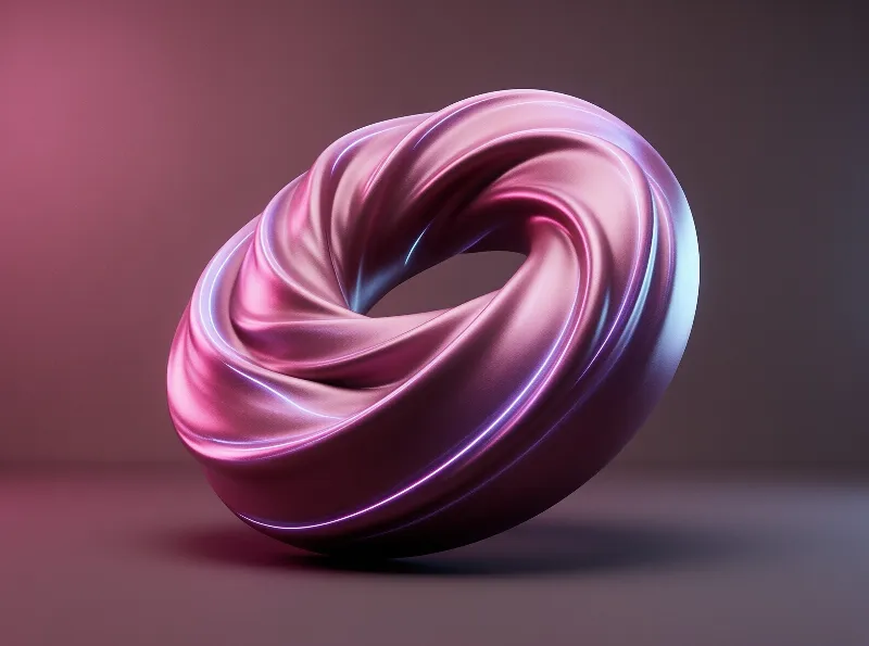 Glossy twisted satin torus floats above pink to grey gradient backdrop, with soft highlights and shadow below