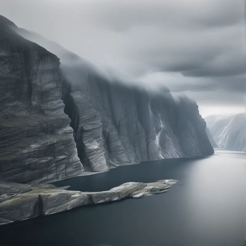 Stratified dark rock cliffs drop into still grey water under thick overcast clouds, fog clinging to the steep slopes and fading into soft distant haze.