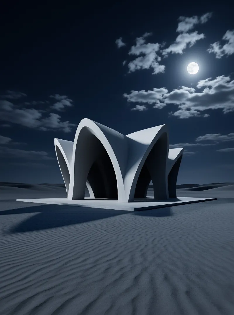 A white sculptural structure stands on rippled sand dunes under a night sky with a bright full moon.