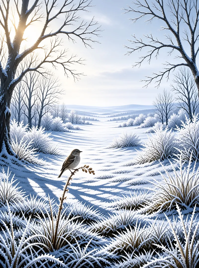 A small bird balances on a dried seed stem amid frosted grasses and snow-covered winter hills.