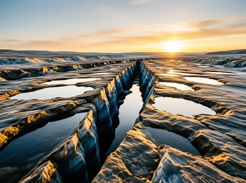 Deep crevasses and meltwater pools streak a frozen tundra plain as the low sun warms the ice with golden light.