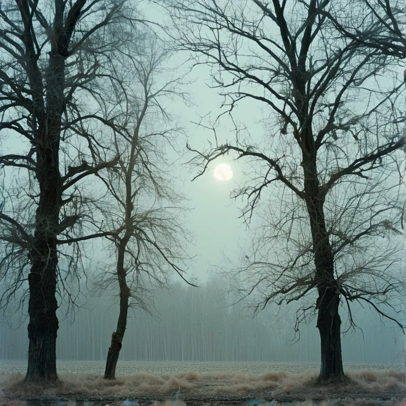 Leafless trees frame a pale sun shining through fog over a wetland with a distant forest line visible through the haze.
