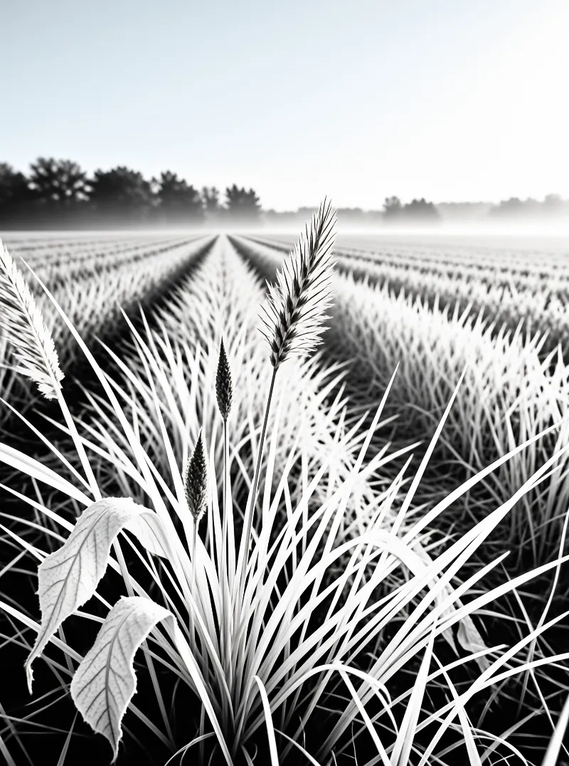 A black and white view of tall grasses in the foreground looking across misty agricultural rows toward a distant tree line.