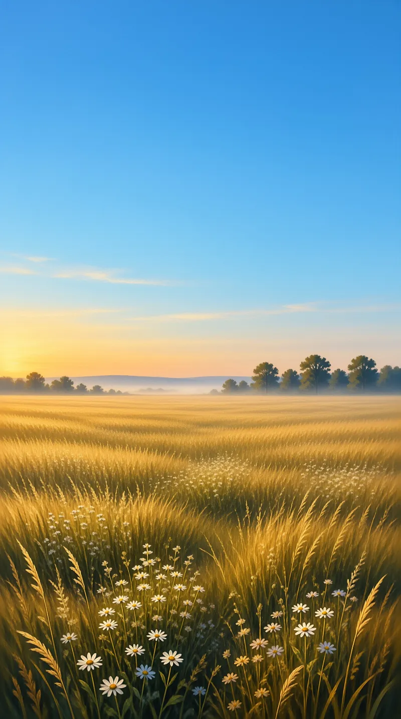 A vast field of golden wheat and white daisies stretches toward a misty horizon under a blue sky.