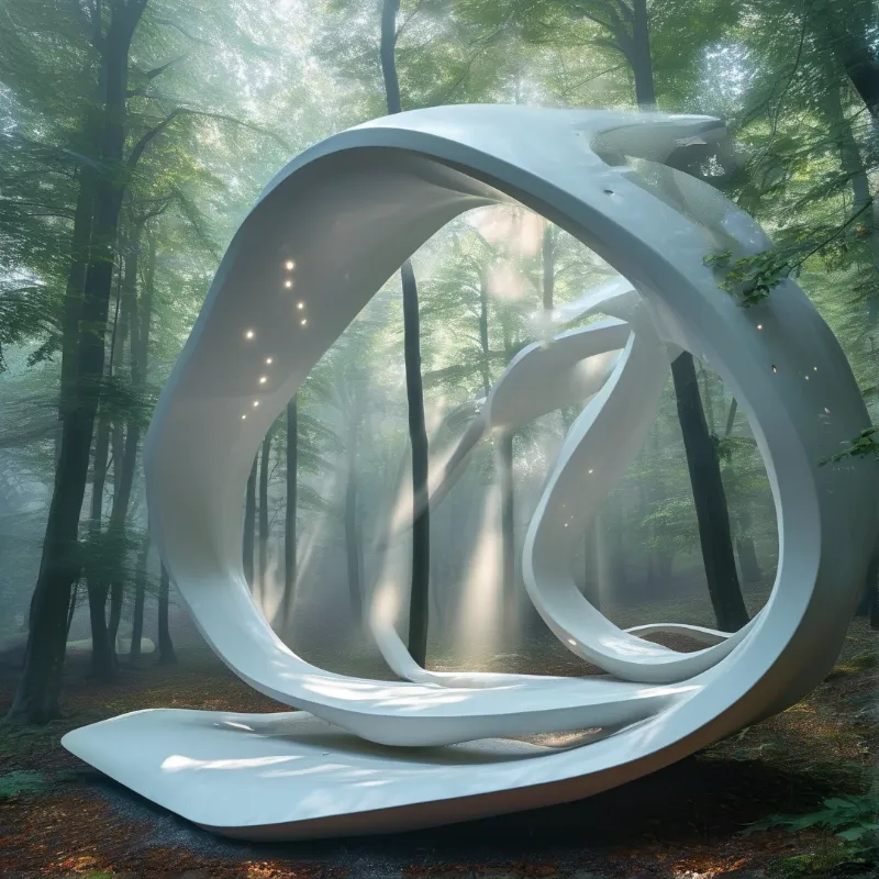 A large white twisted sculpture sits in a misty forest with sunlight filtering through the trees and small lights embedded in its surface.