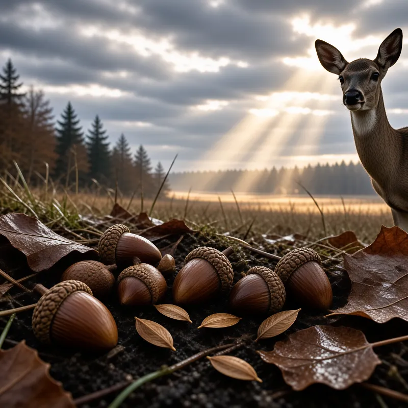 A white-tailed deer stands alert on the right side of the frame while several brown acorns rest on the dark forest floor amidst fallen leaves, as dramatic rays of sunlight pierce through the heavy clouds above to illuminate the distant pine trees and cast a golden glow across the misty clearing.