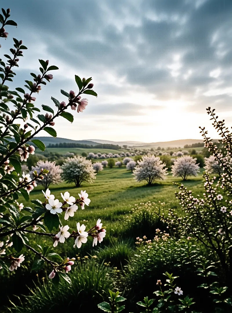 Pink flowers on branches frame a vast green field with rows of blooming trees beneath a soft cloudy sky.