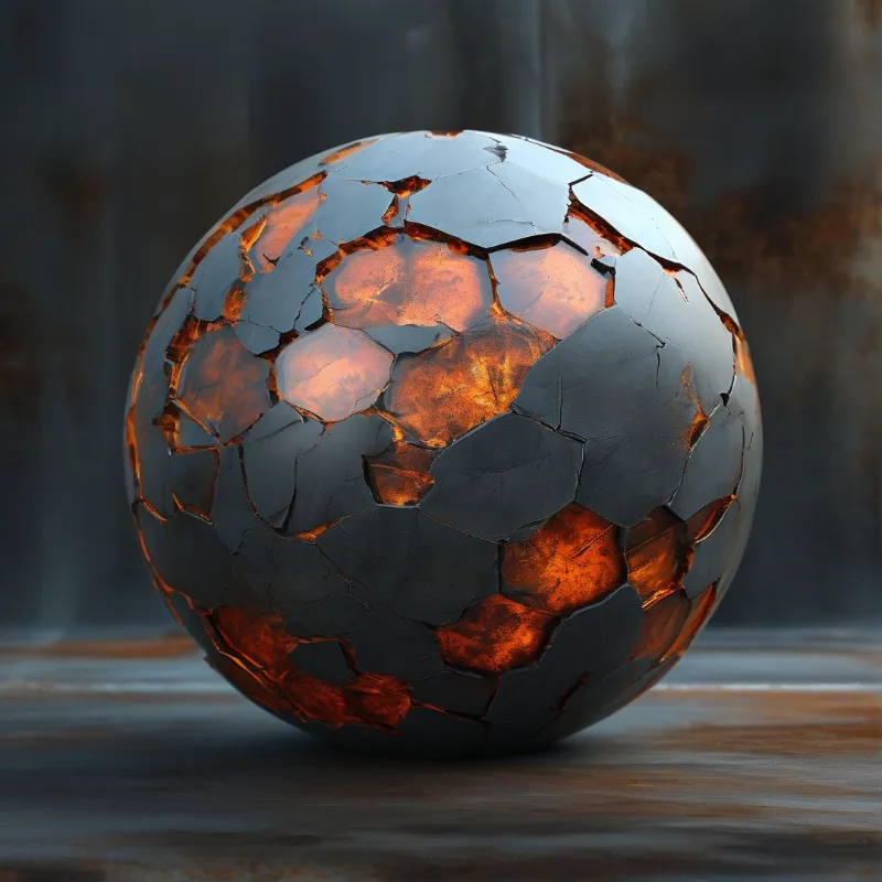 A cracked sphere with glowing orange fractures rests on a dark surface against an industrial backdrop.