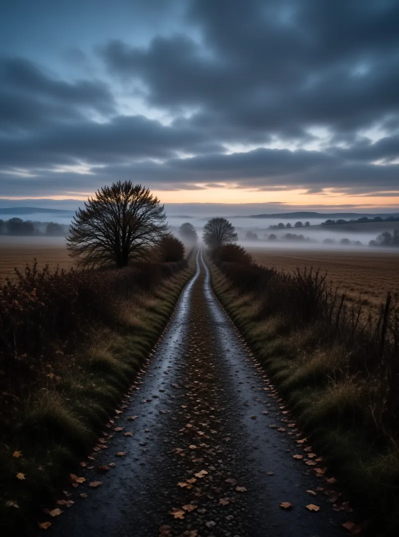 A damp rural path winds through open fields under a dramatic twilight sky filled with low mist.