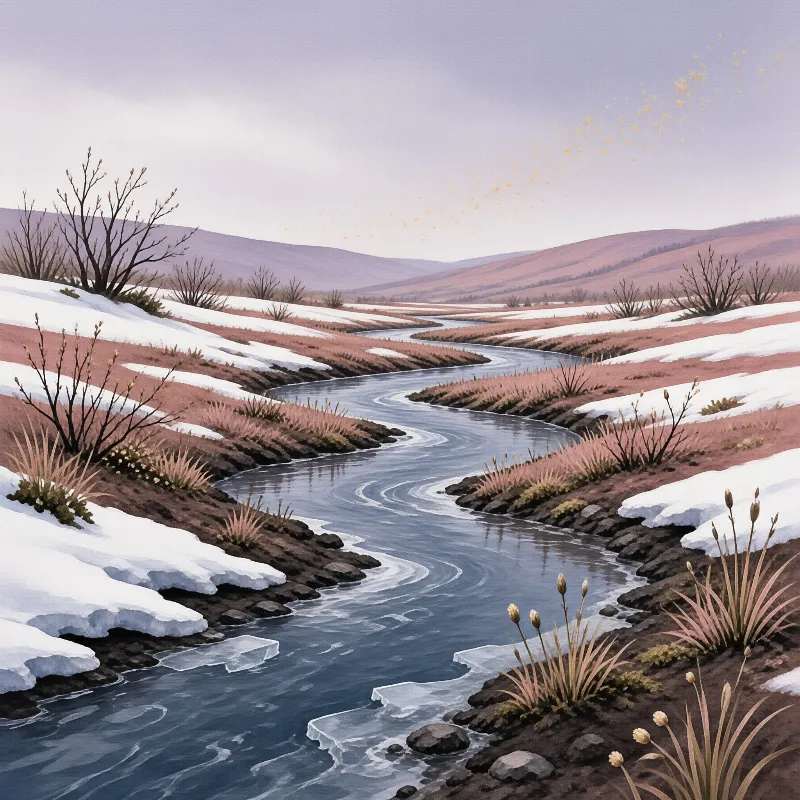 A winding river carries drifting ice between snow-patched banks beneath bare trees and soft lavender hills.