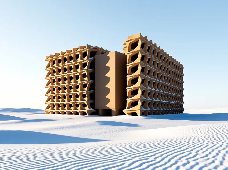 Beige grid-like building stands in white desert dunes under clear blue sky with sharp shadows.