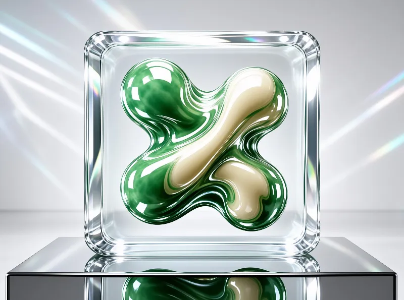 A clear glass block encases swirling green and cream liquid forms on a reflective surface beneath bright light rays.