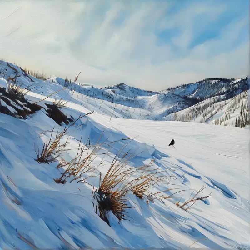 An oil painted hillside of blue shaded snow leads toward distant peaks, with dry grass stems and a single dark bird.