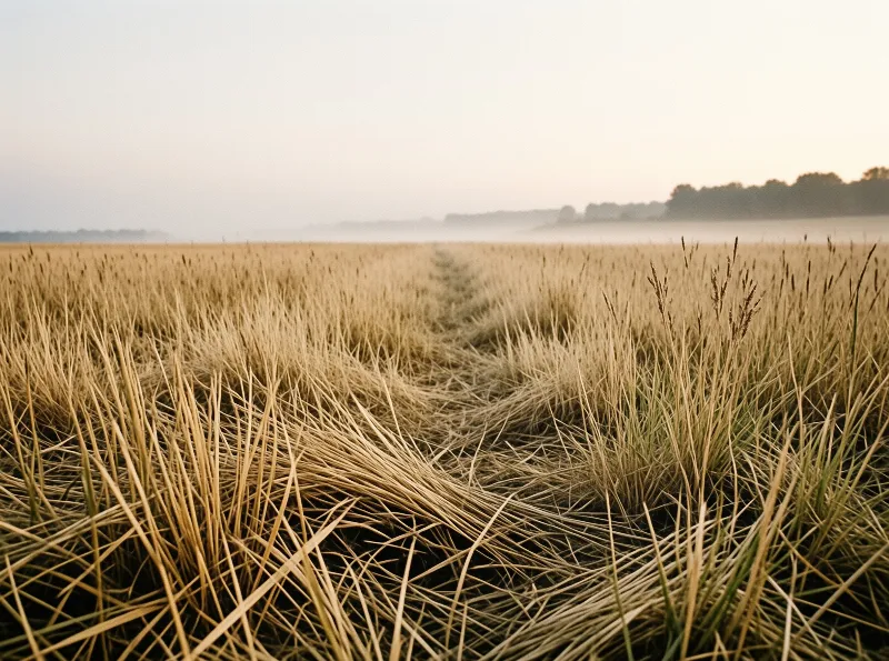 A narrow trail of laid-down straw cuts through a wide field of tawny grass toward a low line of mist-veiled trees.
