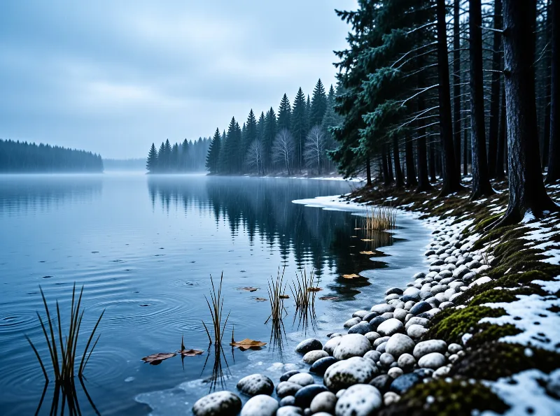 Calm water reflects a dense pine forest under a foggy sky while snow covers the mossy rocks along the right bank.