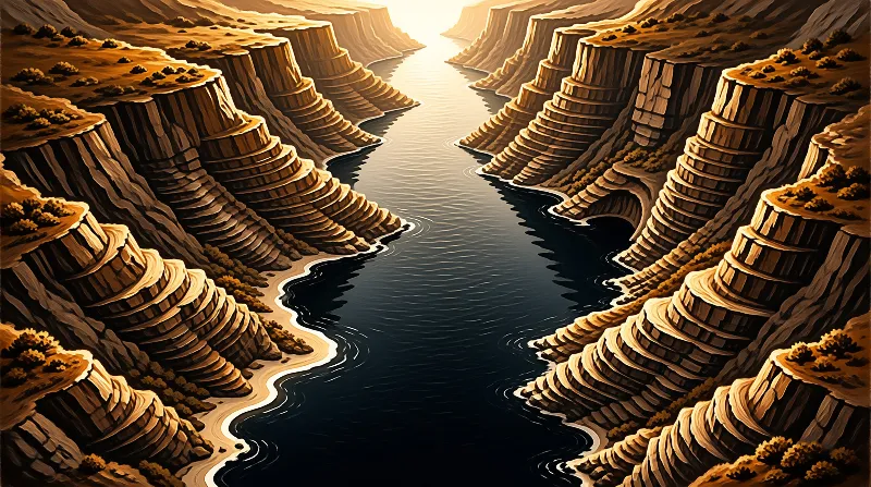 A deep river winds between terraced golden cliffs toward a bright distant horizon