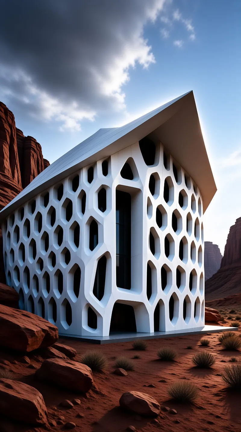 A white structure with a honeycomb facade sits amidst red desert rocks and sparse vegetation.