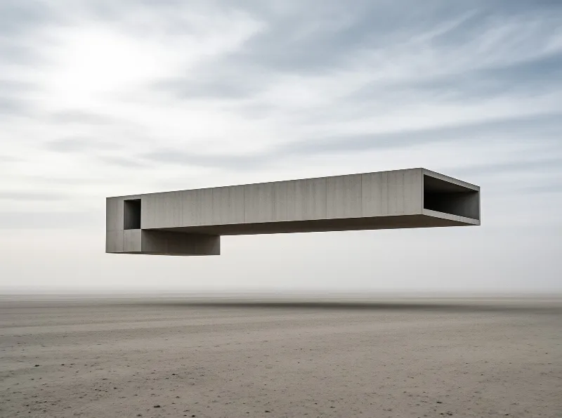 A large gray concrete rectangular structure with cutouts floats above a vast flat sandy landscape under a cloudy sky.