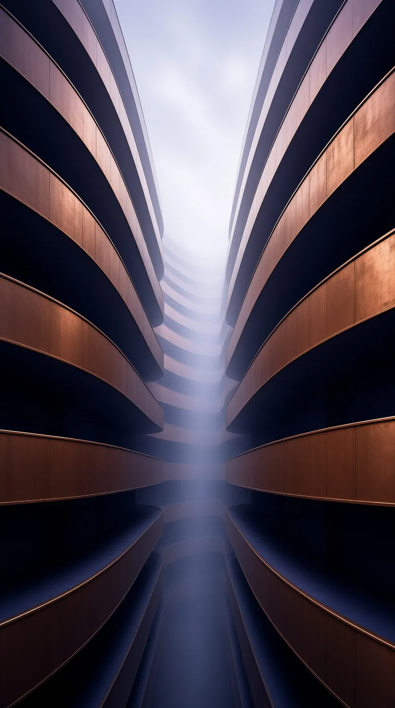 Mirrored tiers of curved bronze balconies climb toward a pale glow, their edges fading into atmospheric mist
