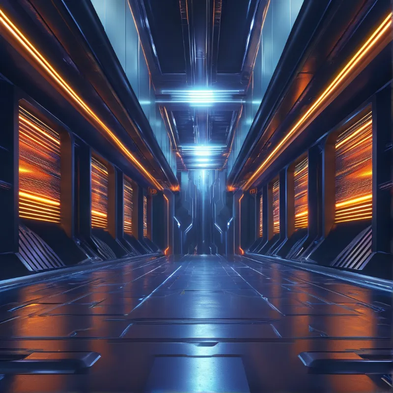 A futuristic spaceship passage glows with amber strips and cold blue beams above a mirrored floor.