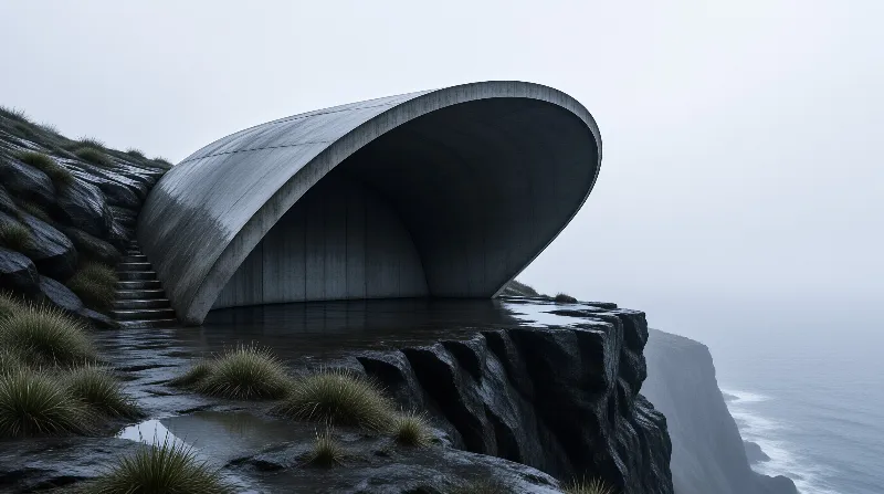 A sweeping concrete shell shelter curves over a wet rock ledge above a foggy ocean horizon.