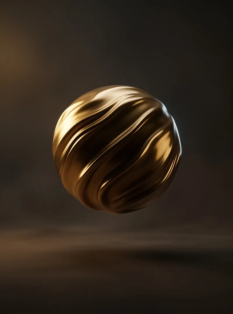 A wavy gold sphere floats against a dark gradient, warm light casting sharp highlights and deep shadows on the surface.