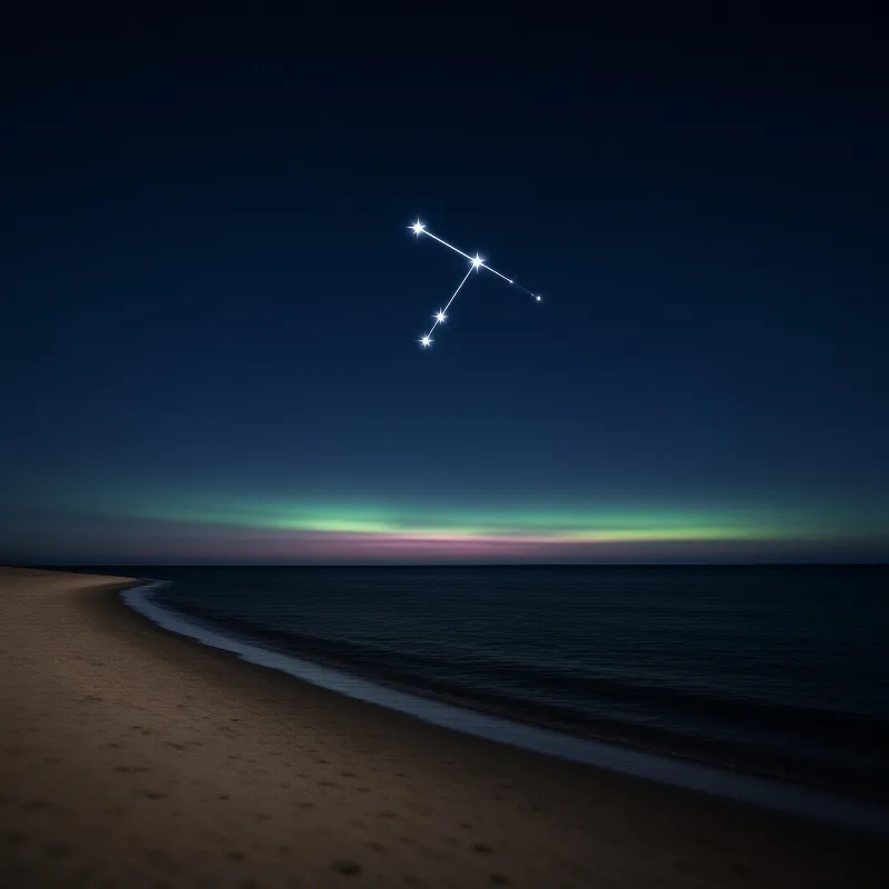 Dark beach shoreline under a night sky featuring connected stars and a green aurora glow on the horizon.