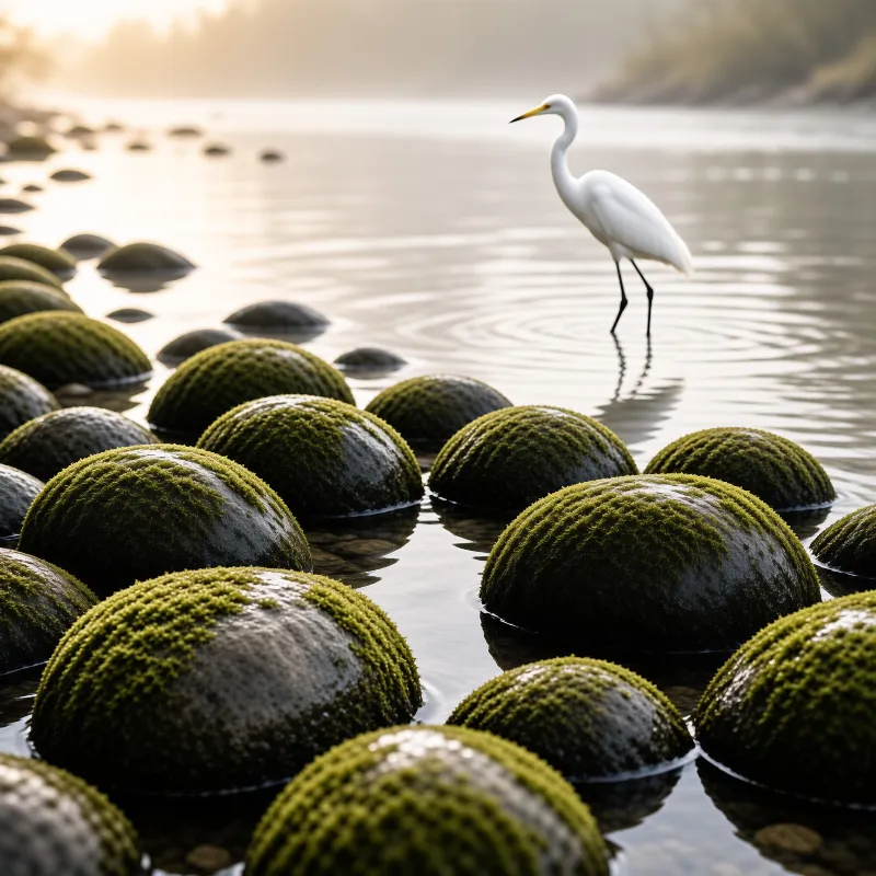 A white egret wades through shallow water surrounded by large moss covered spheres during a warm golden sunrise.