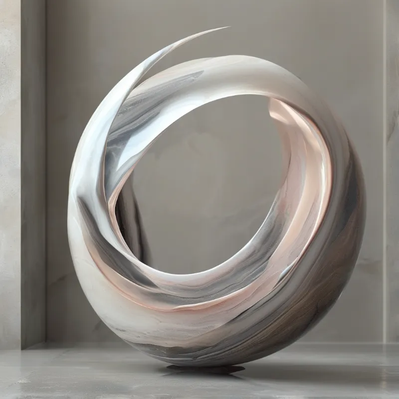 A glossy twisted ring sculpture with marbled white and rose gold tones sits on a floor against a neutral wall.