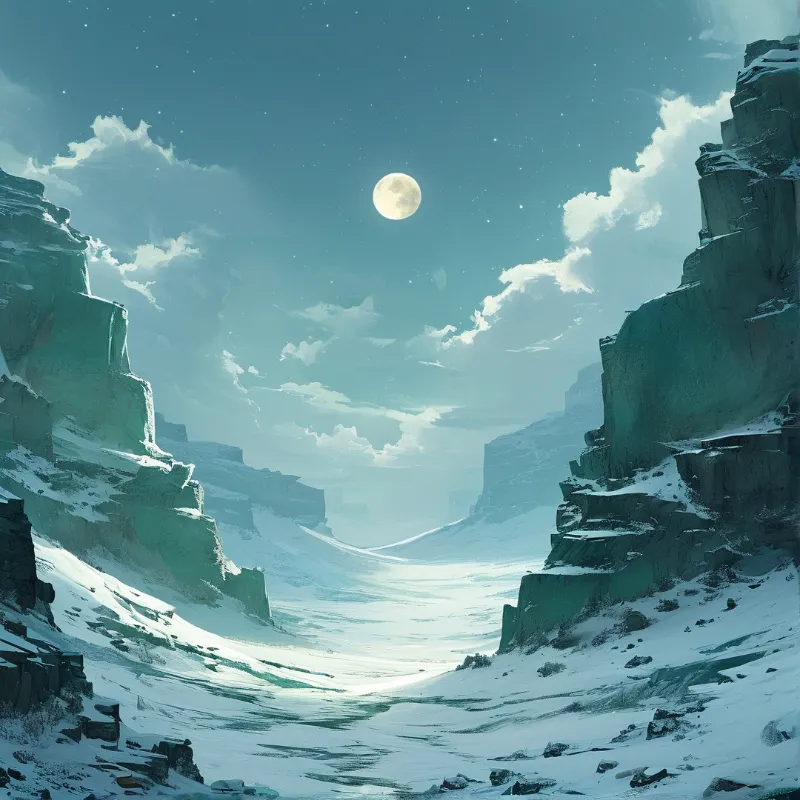 A wide snowy canyon stretches between steep rock cliffs under a starry sky with a large bright moon shining above.