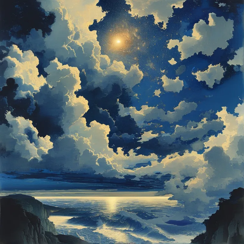 A dramatic seascape featuring dark blue clouds and bright waves reflecting a golden light source near the horizon.