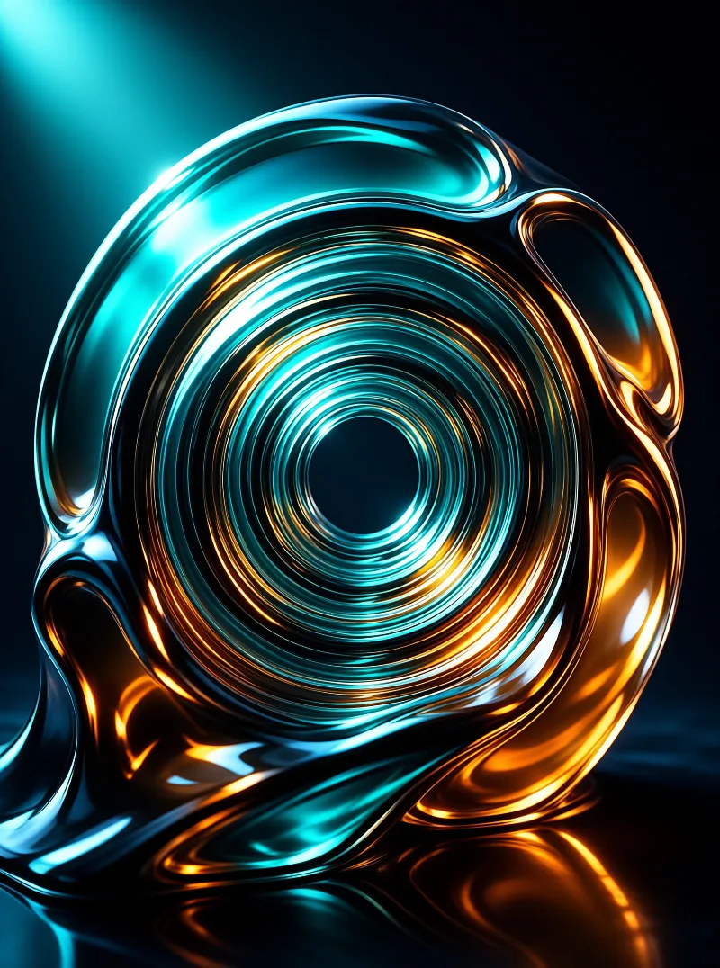 A glossy liquid metal vortex swirls in teal and amber above a dark mirror like reflective floor.