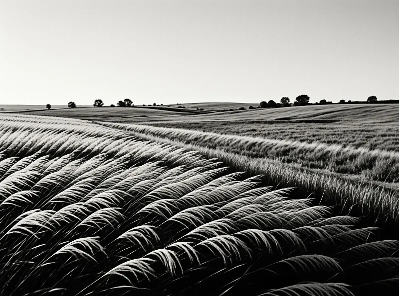 Black and white view of wind bent wheat fields stretching over undulating highland plains to a tree dotted distant horizon under pale sky