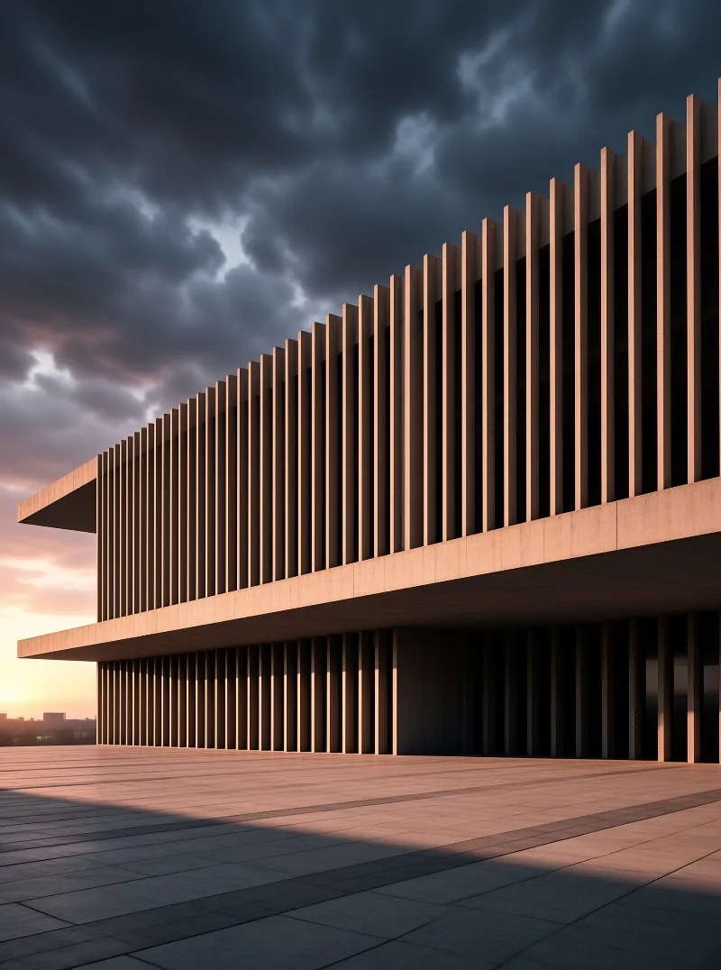 A modern building displays vertical wooden slats glowing in warm light beneath dark turbulent clouds.