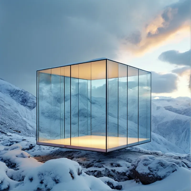 Glass Cube House in Snow