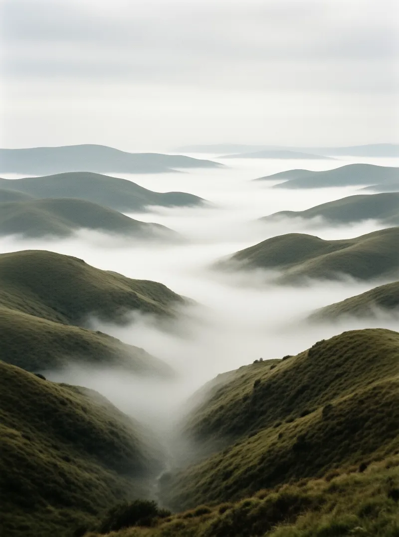 A narrow valley between lush green hills is filled with thick white fog that obscures the distant slopes