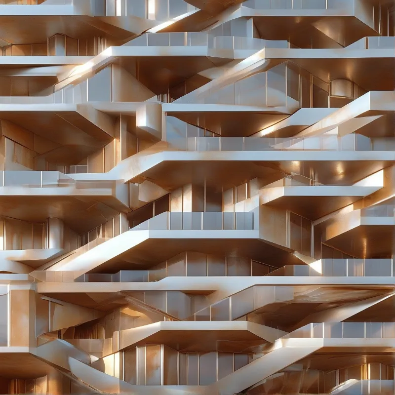 Complex layered geometric structures feature metallic surfaces reflecting warm golden light and shadow.