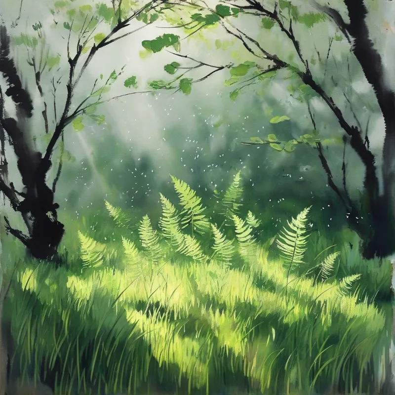 Bright green ferns and tall grass grow beneath dark tree branches while beams of sunlight shine through the misty canopy above.