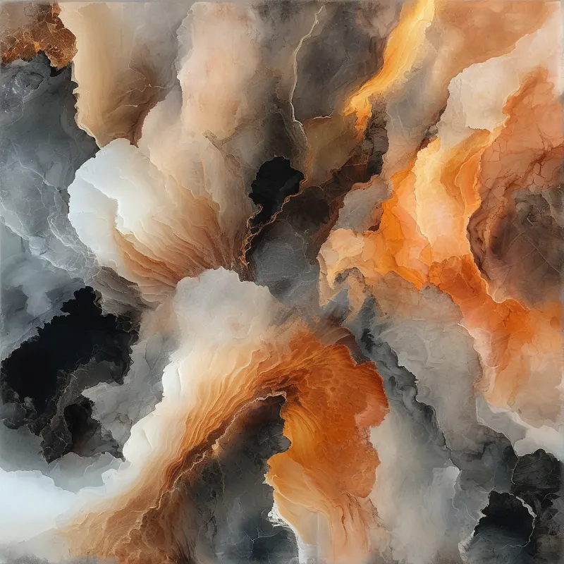 Abstract painting with swirling orange and beige layers mixing into dark grey and black organic shapes.