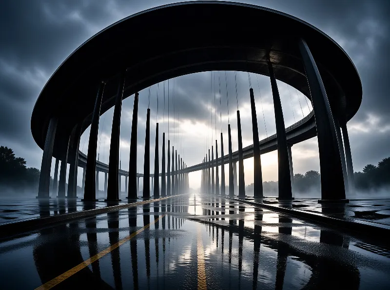 A large curved highway arch looms over a rain-soaked road, pale dawn light shines through dark storm clouds, and the wet pavement mirrors the arch and sky.