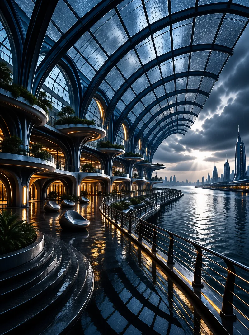 Curved glass balconies overlook a reflective waterfront where sunbeams cut through dark clouds above a distant city skyline.