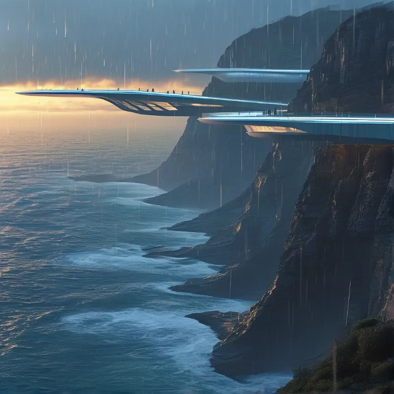 Sleek futuristic craft float above a dark rocky cliff face while rain falls over the ocean below.