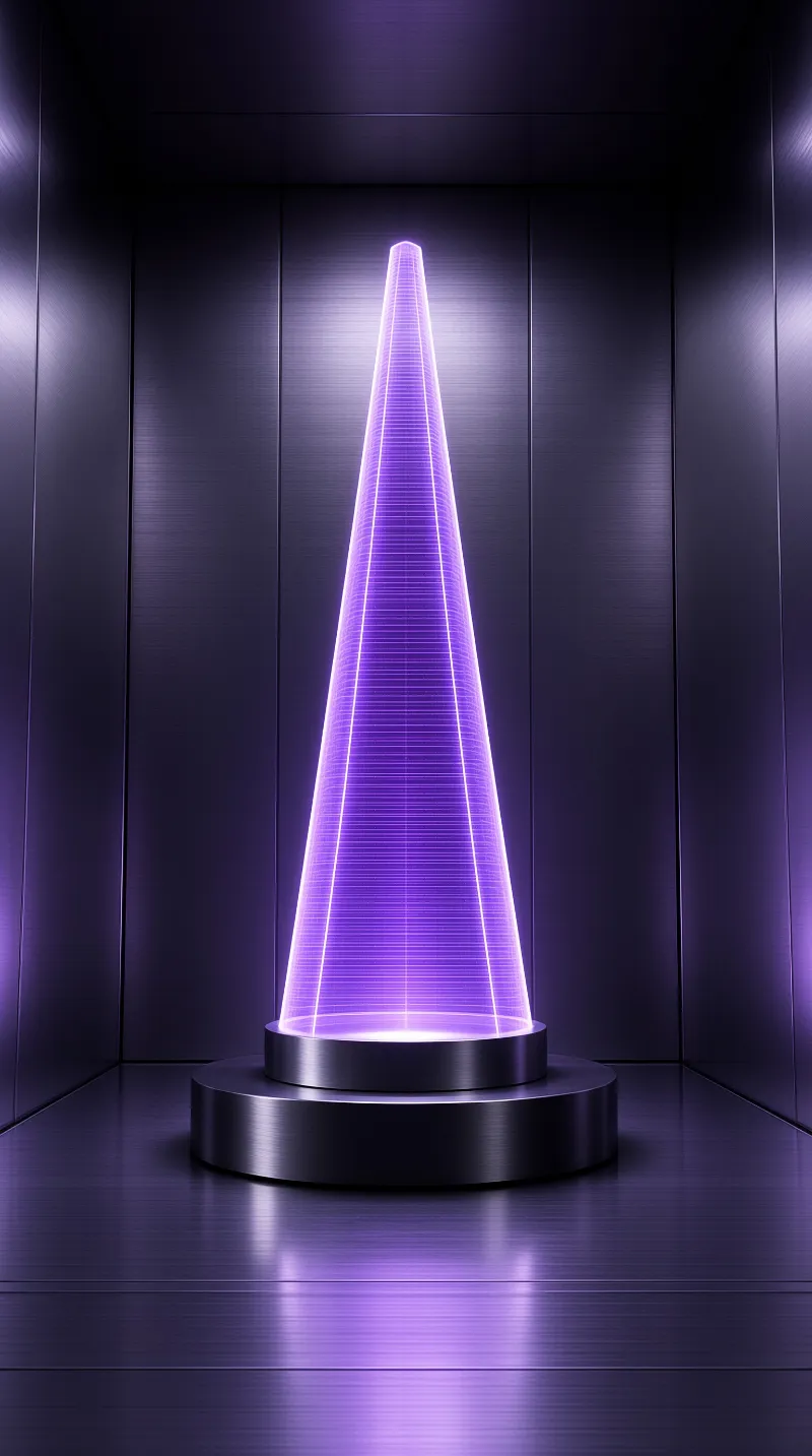 A tall purple conical beam of light rises from a metallic base inside a dim room with reflective flooring.