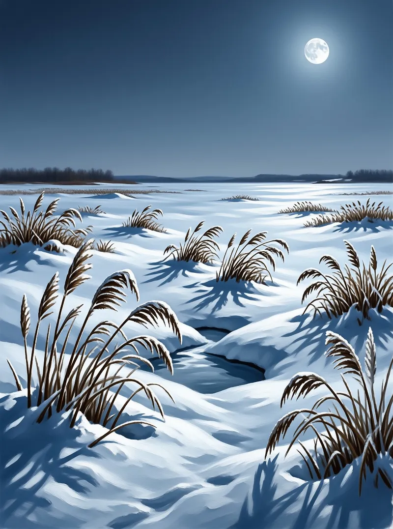 Reeds emerge from a snowy field where a thin stream winds through ice beneath a bright full moon in a dark blue sky.